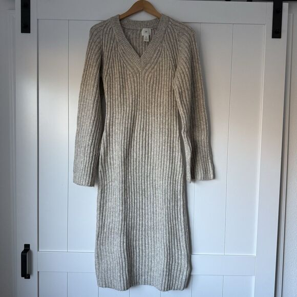 Boho Rib-Knit Wide Sleeves Midi Sweater Dress Sz S H&M Beige Cream Heather Wool - Picture 1 of 10